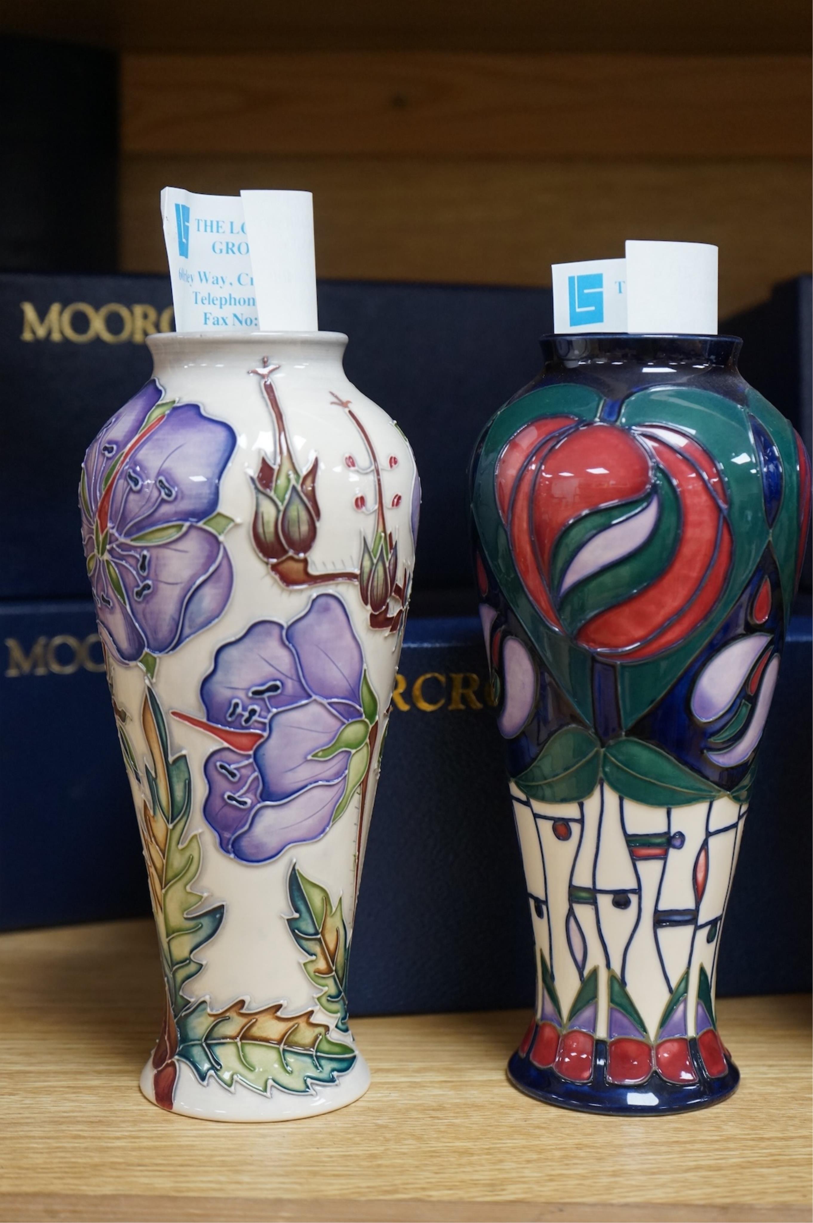 Five boxed Moorcroft vases - Geneva, Meadow Cranesbill, Cosmos, Oberon and Charles Rennie Macintosh patterns, 20.5cm